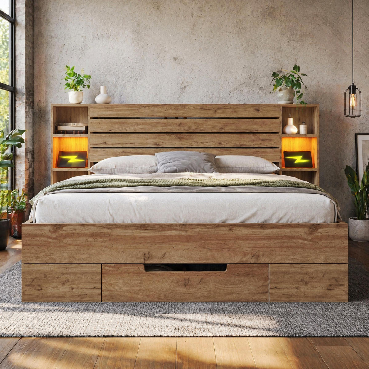 BETT 180/200 mit LED, Schubladen und USB-C in Eiche - Eichefarben, Holzwerkstoff/Metall (180/200cm) - EVRYAE