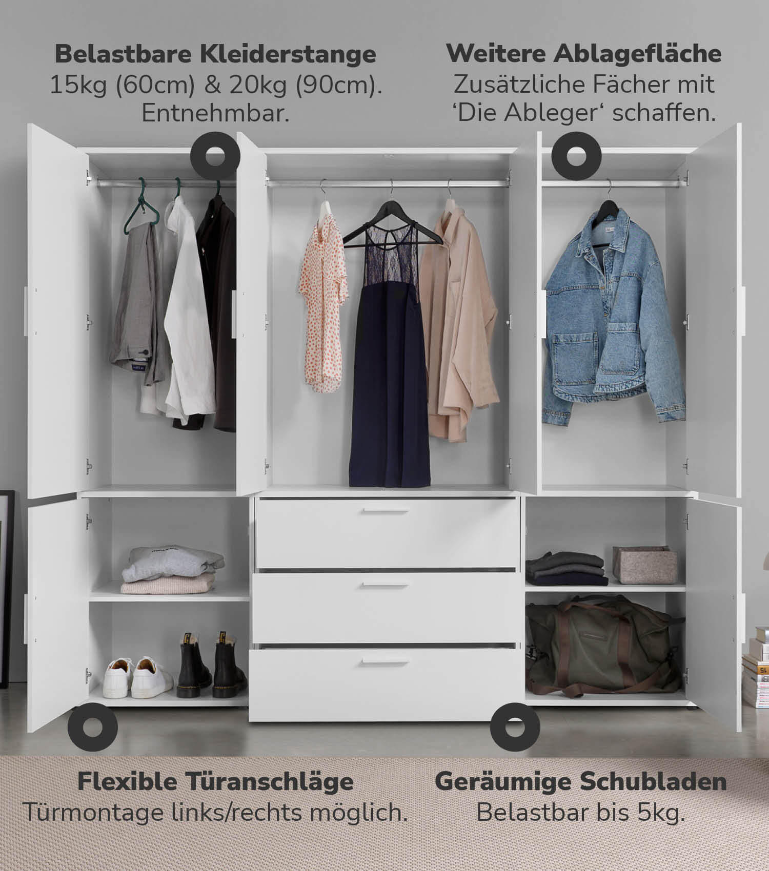 KLEIDERSCHRANK Der Grenzenlose - Weiß, Holzwerkstoff (210/187/58cm) - Mokebo