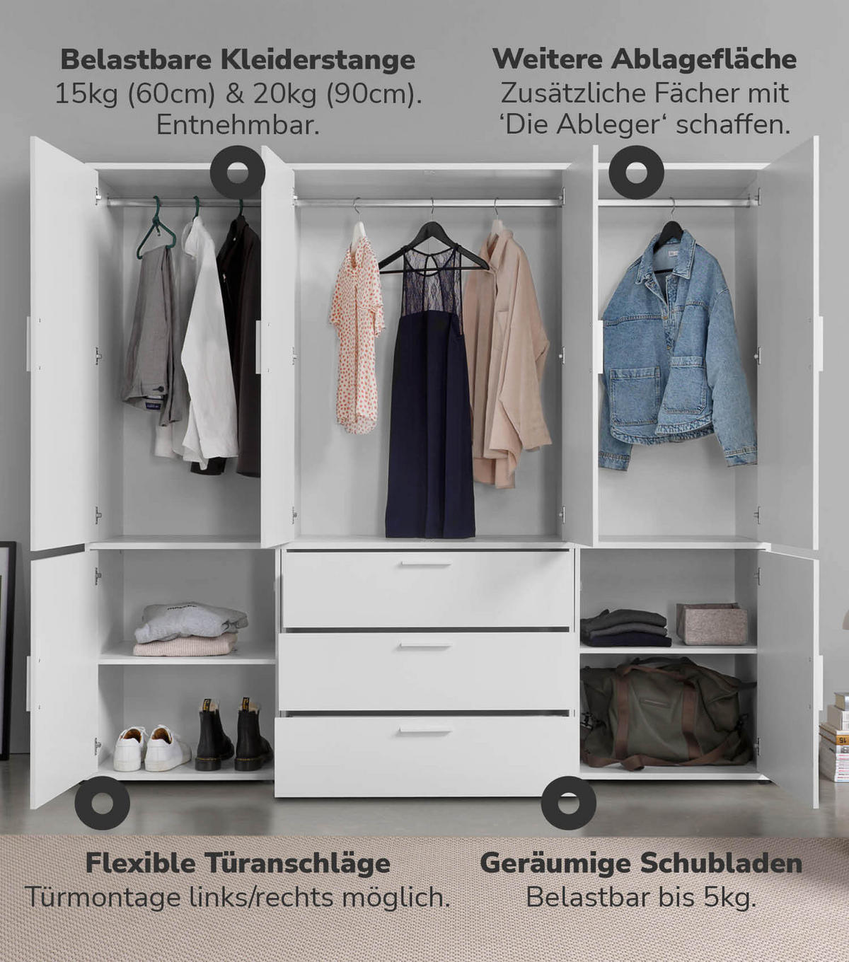 KLEIDERSCHRANK Der Grenzenlose - Weiß, Holzwerkstoff (210/187/58cm) - Mokebo