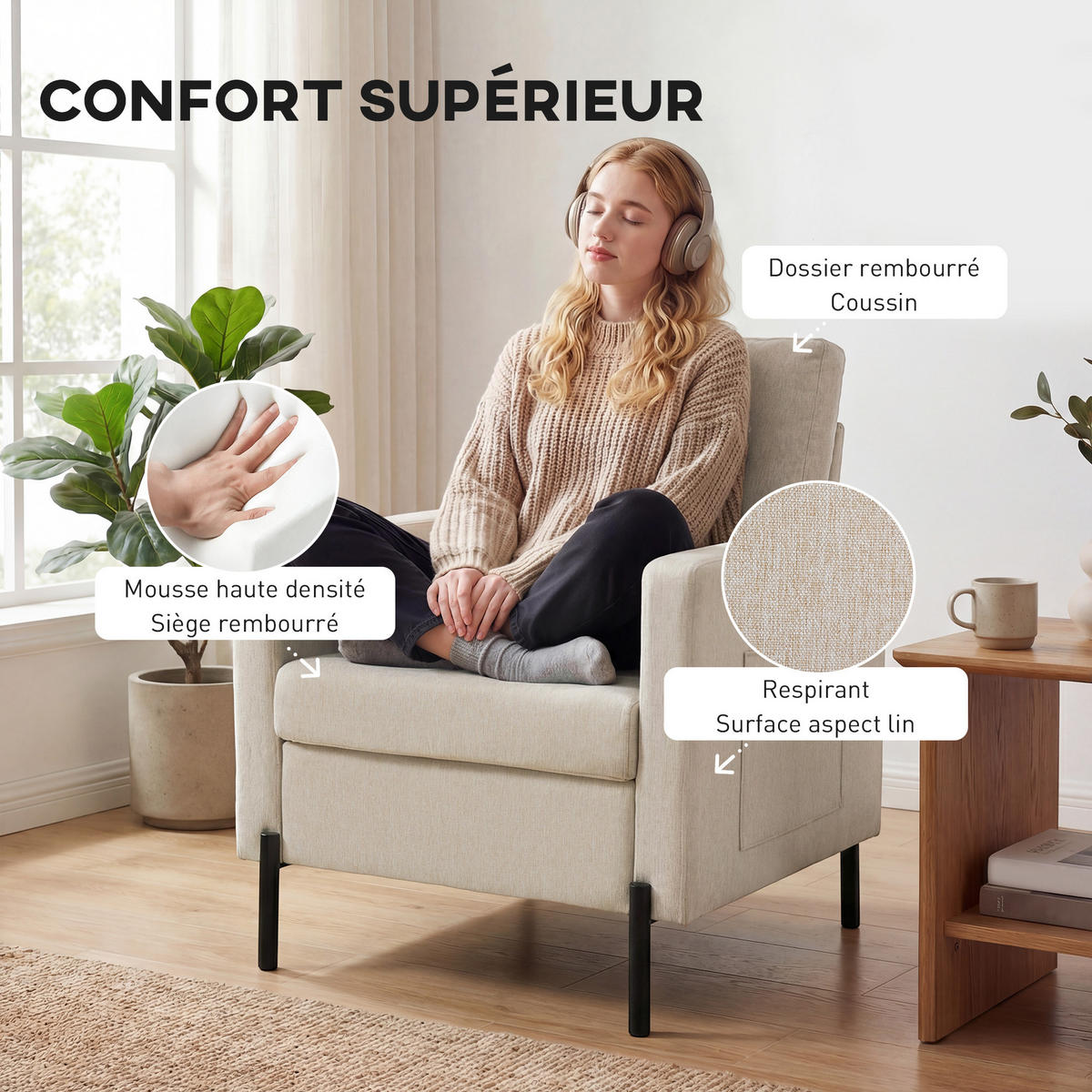 SESSEL DE-13514 mit Armlehnen, breite Sitzfläche Beige - Beige, Metall (73/87/77cm) - ComfortXL