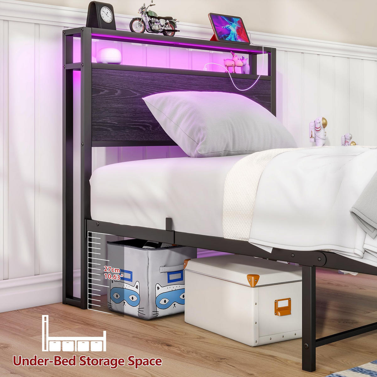 BETT 90/200 cm DE-33031 mit USB und LED-Beleuchtung Schwarz - Schwarz, Metall (90/200cm) - ComfortXL