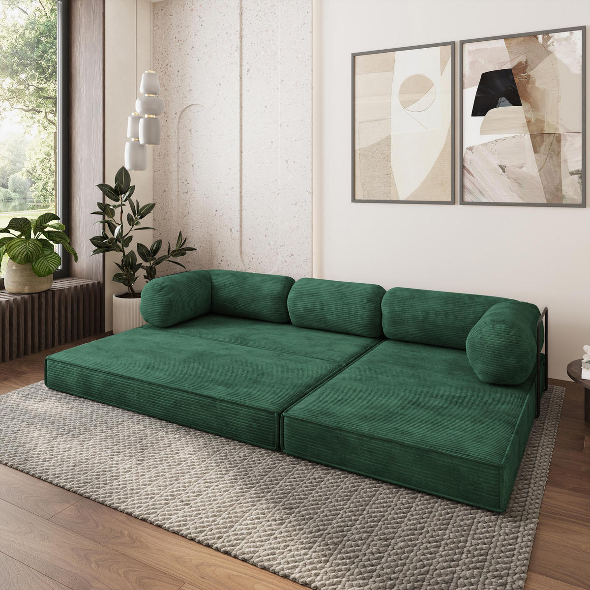 ROHOVÁ SEDAČKA ETERA modulární Boneless pohovka s funkcí spaní, zelená barva POSO 14 - zelená barva, textil (270/160cm) - MASSENO