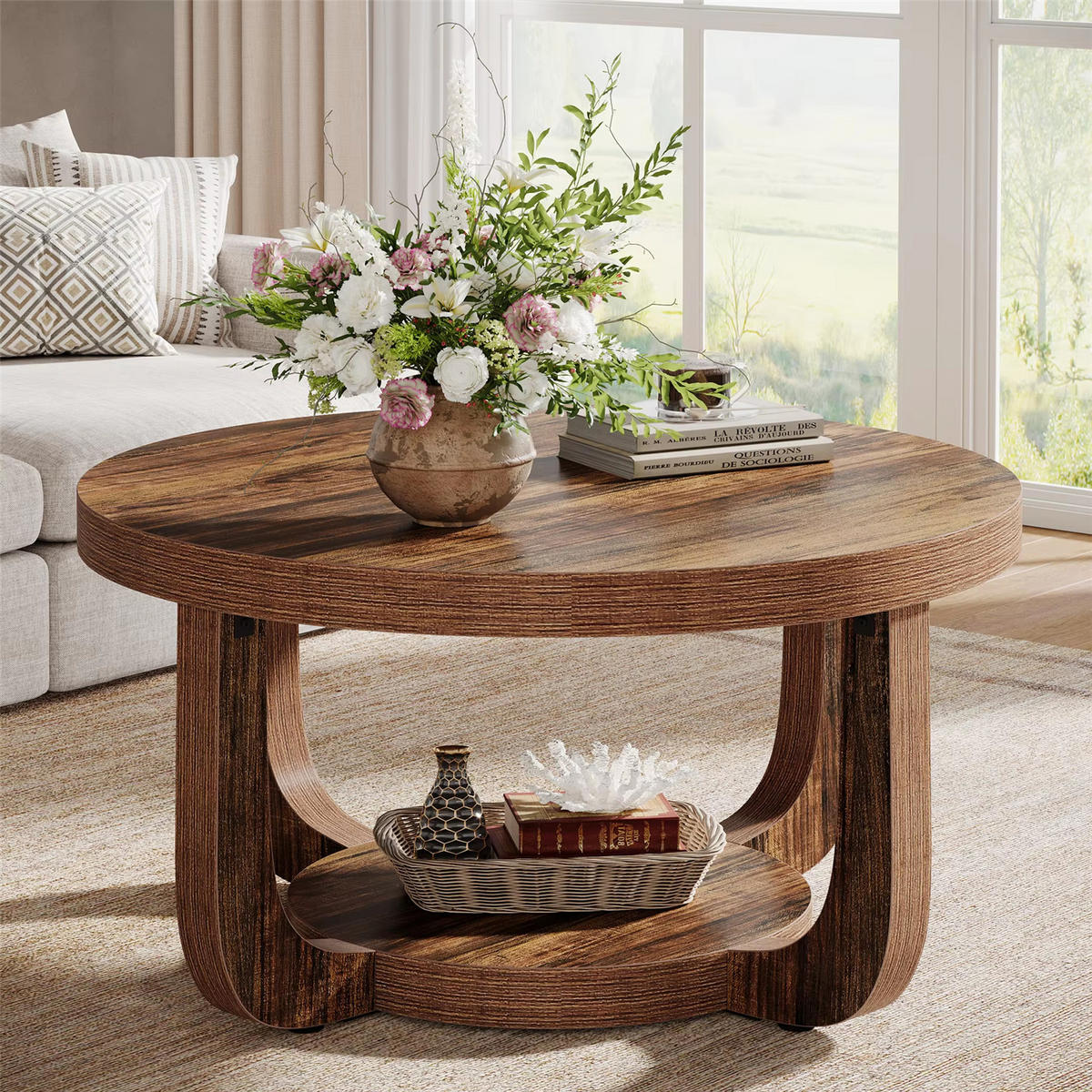 COUCHTISCH Rund 80 cm 2 Ebenen Stauraum - Braun, Holz (80/80/41cm) - Bomclap