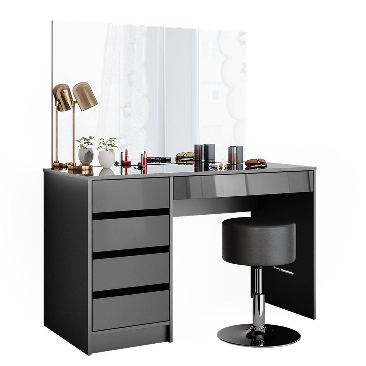 SCHMINKTISCH-SET Sherry Anthrazit 120 cm mit Hocker - Anthrazit, Holzwerkstoff (120/75/55cm) - Vicco