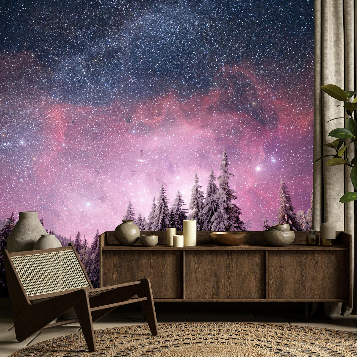 FOTOTAPETE für Schlafzimmer Verzauberter Tannenwald Winter Aurora 500x350 - Violett/Schwarz, Papier (500/350cm) - Muralo