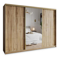 SCHWEBETÜRENSCHRANK VARO 250/205/60 cm 3-türig mit Spiegel und Schubladen Eiche Wotan - Eiche Wotan/Goldfarben, Holzwerkstoff (250/205/60cm) - MASSENO