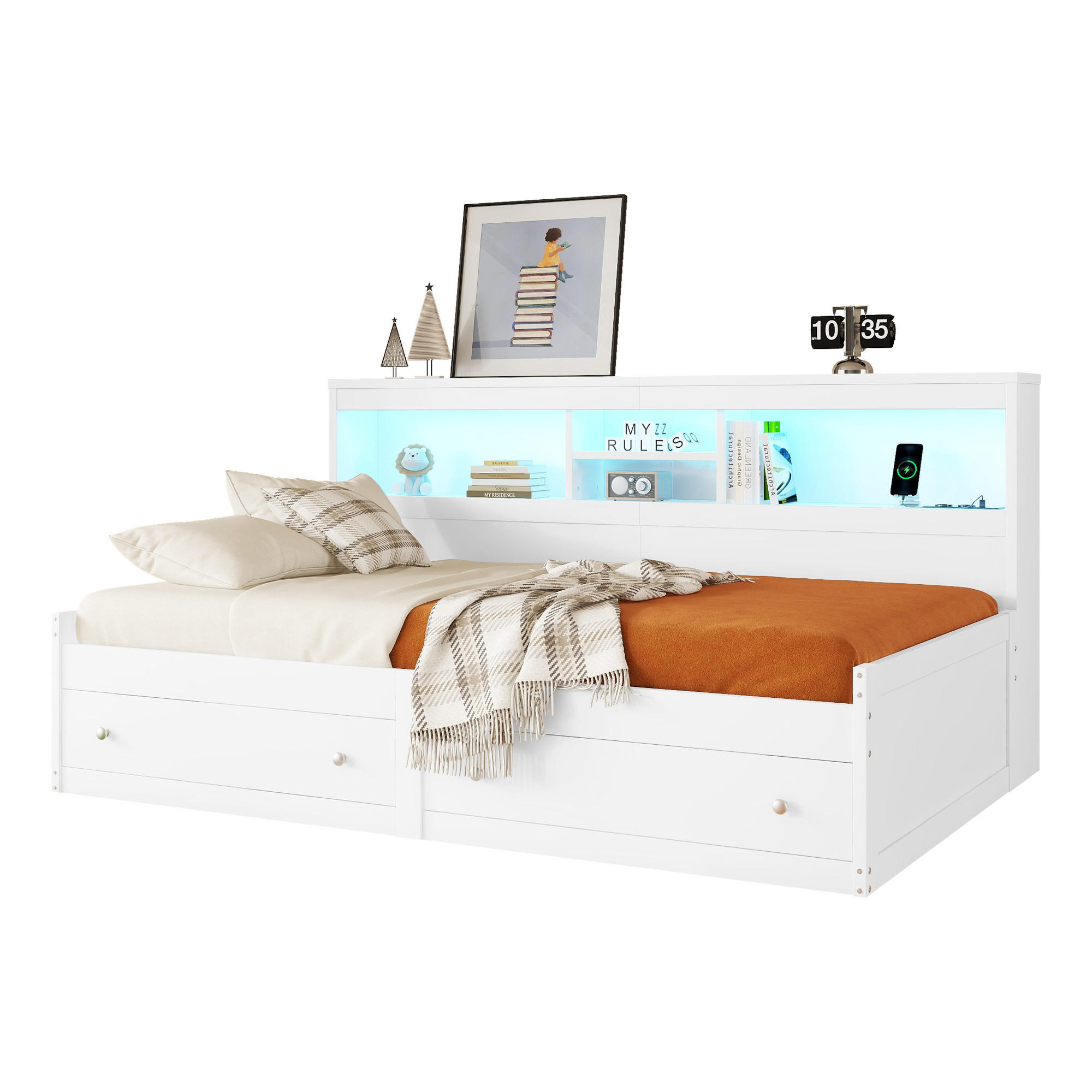 POLSTERBETT 90/200 cm aus Spanplatte und MDF mit LED-Beleuchtung USB-Anschlüssen und 2 Schubladen Weiß/Natur - Weiß, Holzwerkstoff (90/200cm) - Modenvie