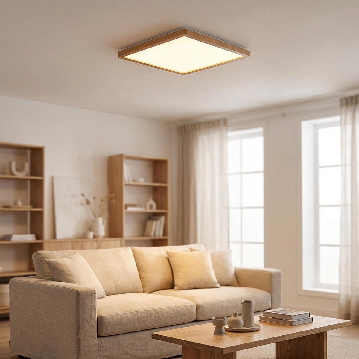 LED DECKENLEUCHTE SAPANA Braun Holzoptik - Braun, Kunststoff (42/42/2.5cm) - Globo Lighting