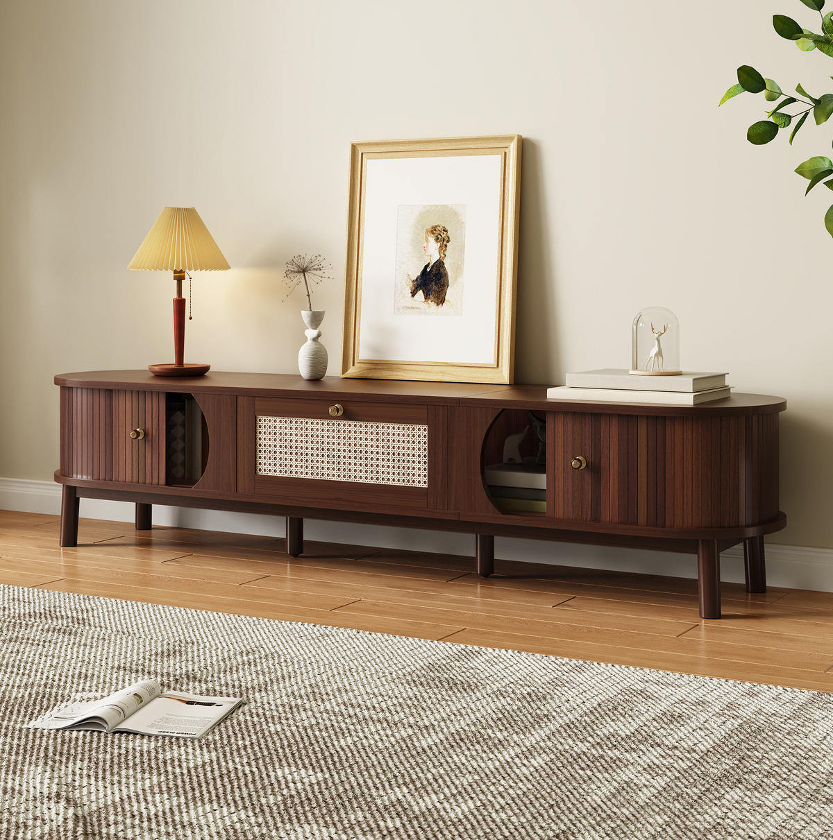 TV-LOWBOARD 170/39,5/38 cm mit Rattanschubladen und Schiebetür - Eichefarben, Holzwerkstoff (170/38/39.5cm) - BEAOK