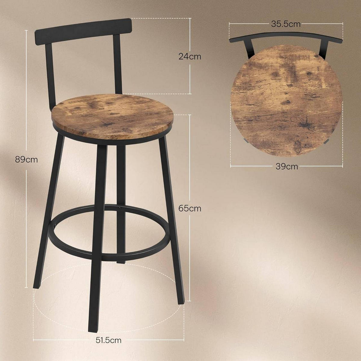 BARHOCKER 4er Set mit Lehne, Vintagebraun - Dunkelbraun/Schwarz, Holzwerkstoff/Metall (51.5/89/51.5cm) - Woltu
