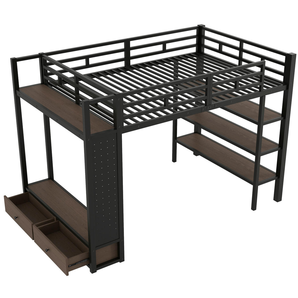 HOCHBETT 140/200 cm mit offenem Kleiderschrank, Regalen, Lochwand und LED-Beleuchtung, Schwarz - Schwarz, Holzwerkstoff (140/200cm) - Redom