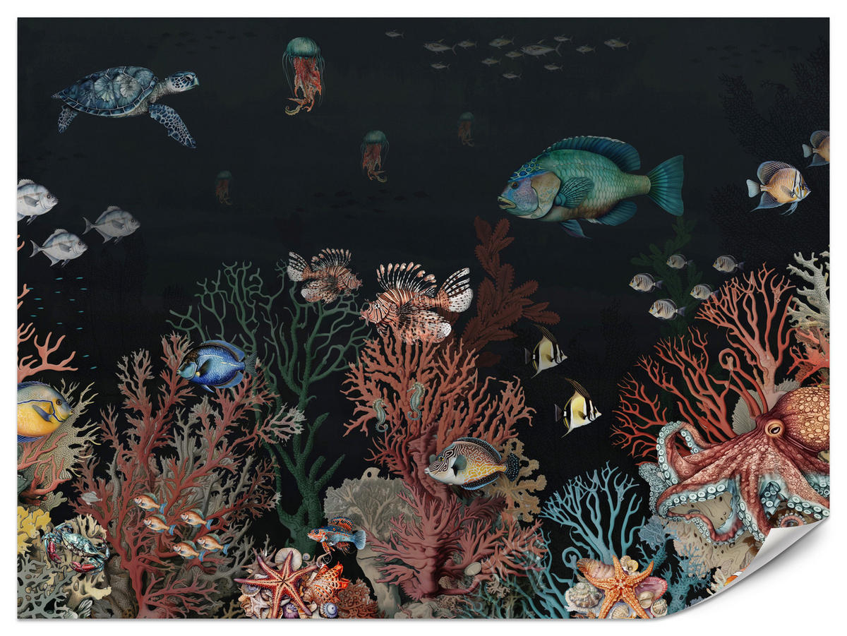 FOTOTAPETE für Badezimmer Bunter Unterwasser Pflanzen Riff Fische 150x105 - Rot/Schwarz, Papier (150/105cm) - Muralo