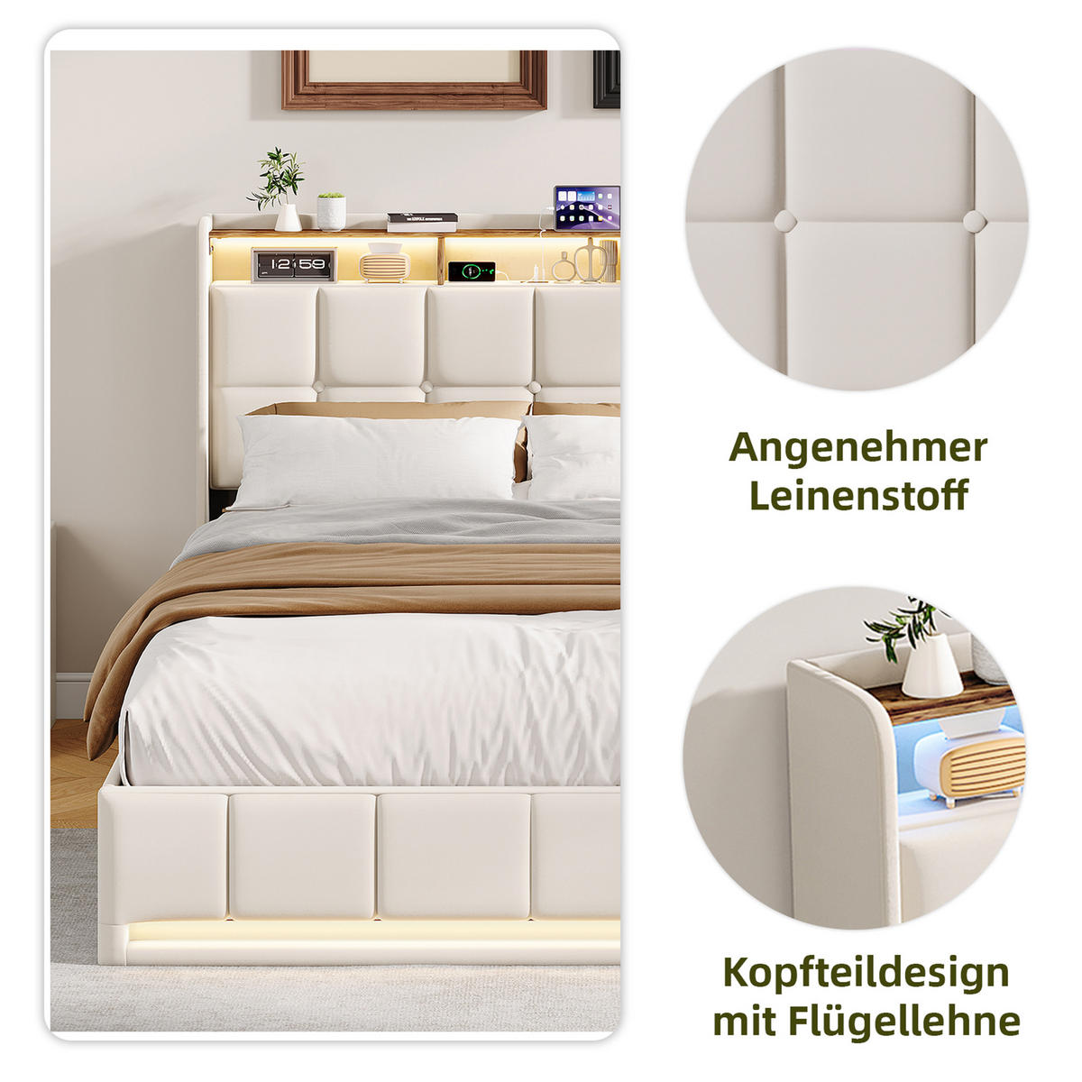 POLSTERBETT 140x200 cm Beige mit LED Beleuchtung, Kopfteil mit Stauraum und USB/Type-C, hydraulisches Stauraumbett - Beige, Metall (140/200cm) - EuroLiving