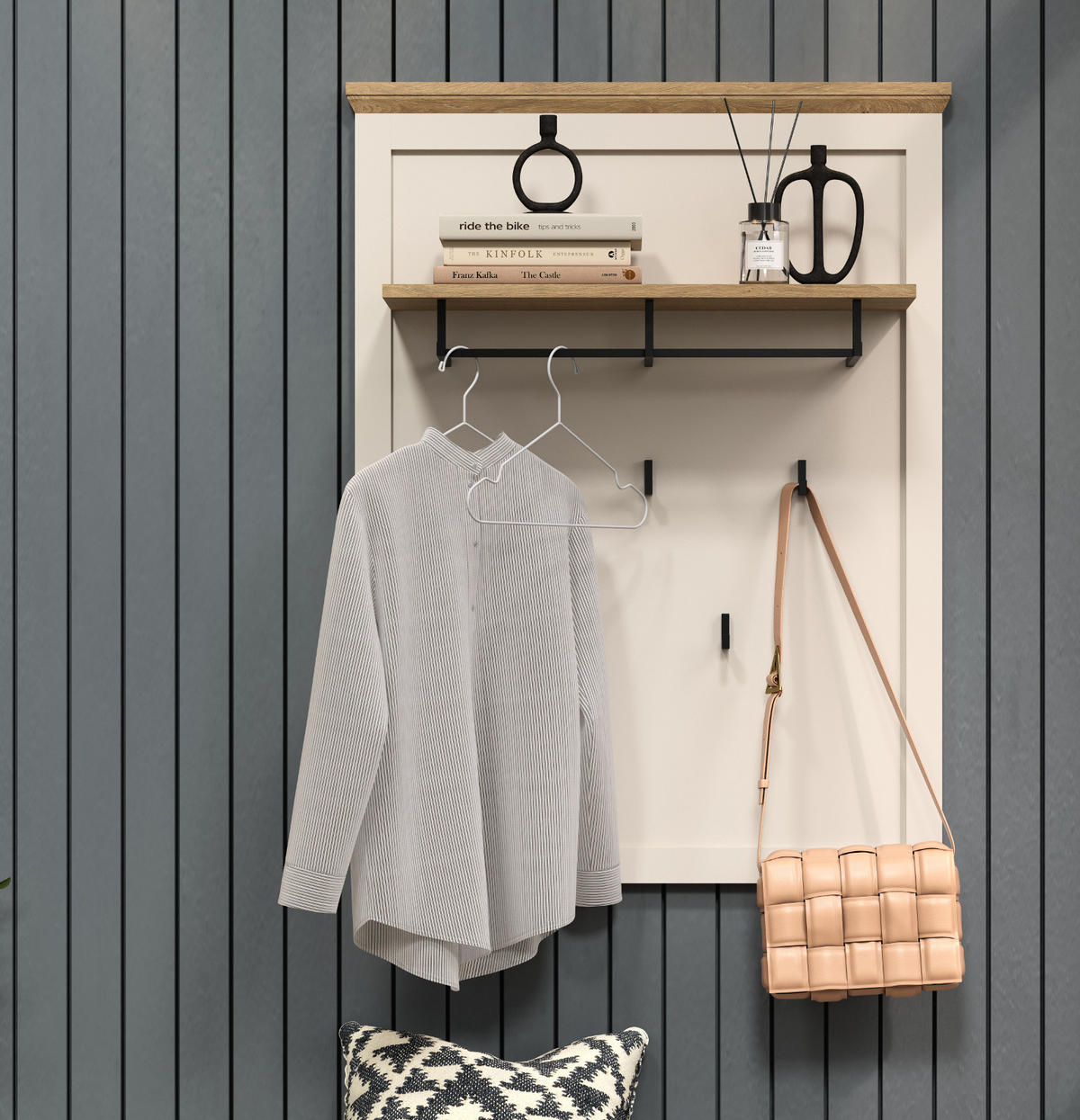 GARDEROBENPANEEL Kaschmir, Stein Eiche Landhaus 76 x 100 cm, Wandgarderobe mit Kleiderstange - Kaschmir/Eichefarben, Holzwerkstoff (76/100/26cm) - Top.Furn