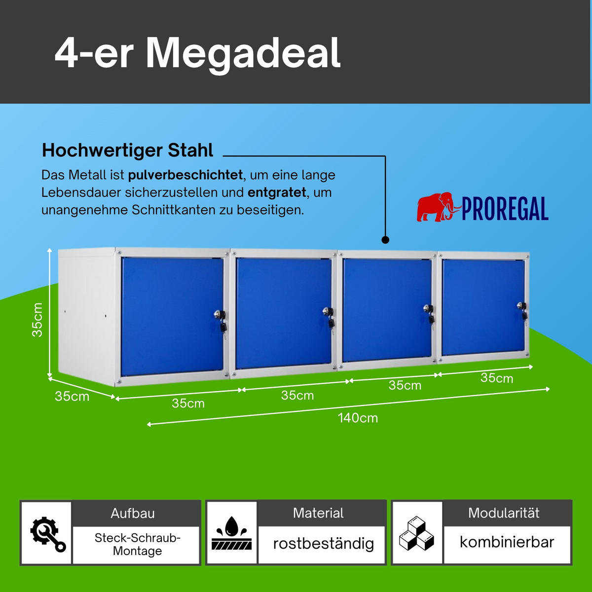 SCHLIESSFACHWÜRFEL Cubic 4er-Set 35x35x35 cm Grau-Blau - Blaugrau, Metall (70/70/35cm) - PROREGAL