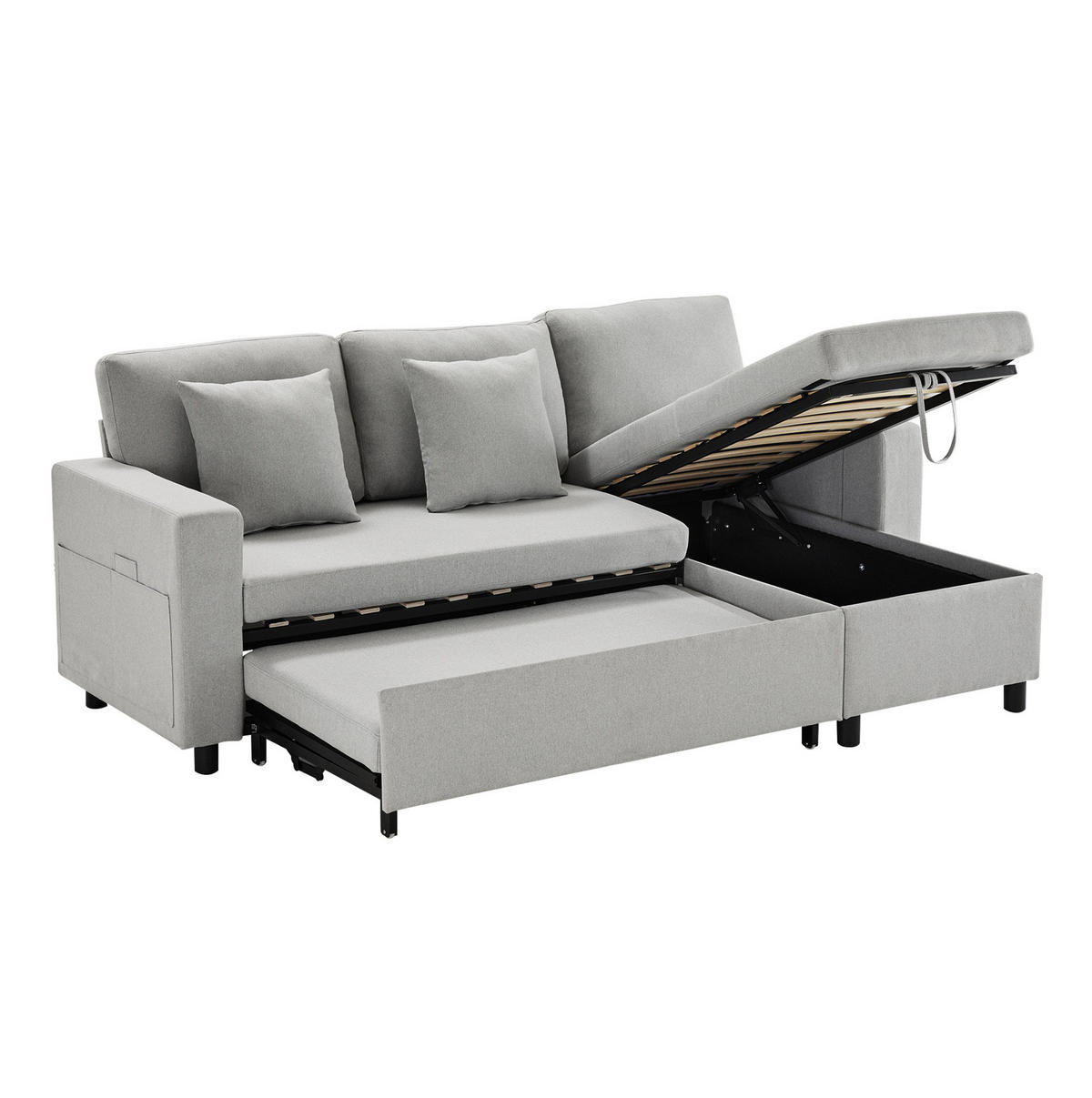 ECKSOFA L-Form mit Chaiselongue & Stauraum grau Leinen 219,5/142,5/83 cm - Grau, Textil (219.5/142.5cm) - OKWISH