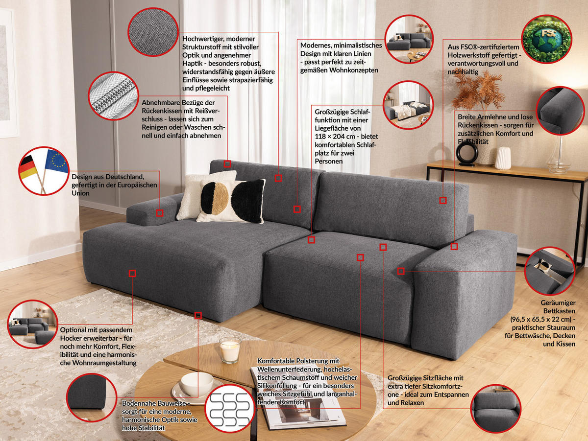 ECKSOFA inkl. Hocker Lennon aus Graphit Strukturstoff mit Schlaffunktion und Bettkasten - Graphitfarben/Schwarz, Holz/Kunststoff (137/264cm) - S-Style