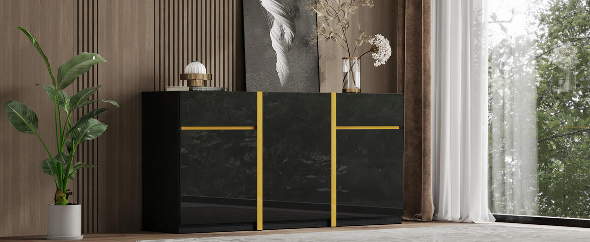 SIDEBOARD Hochglanz 3 Türen 2 Schubladen modern - Schwarz, Holz (160/78/40cm) - Fortuna Lai