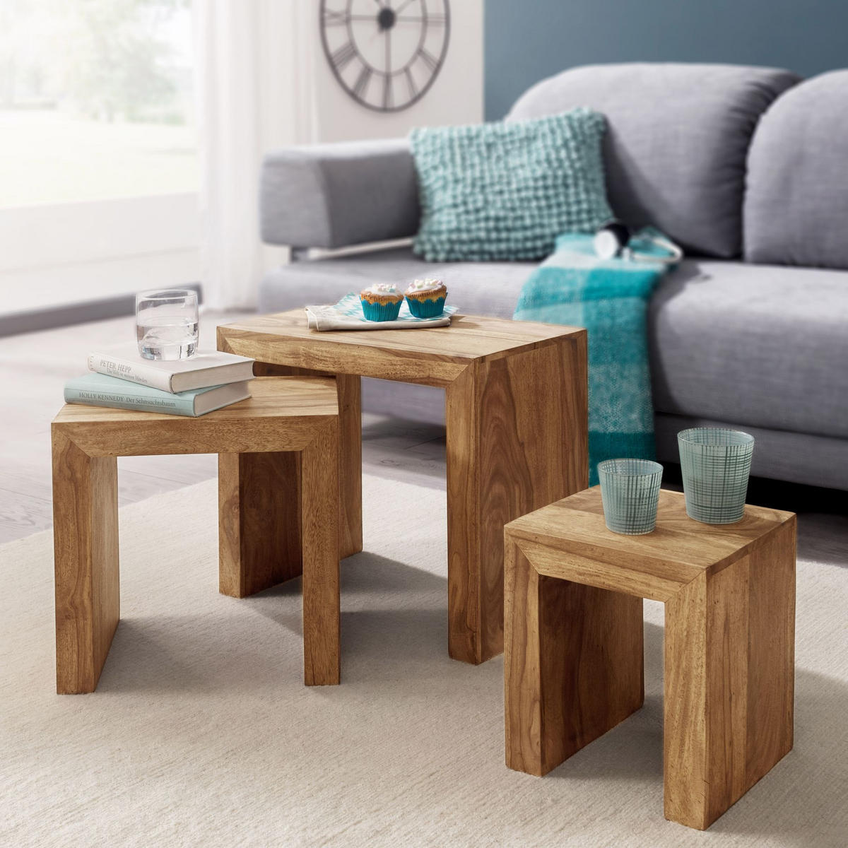 BEISTELLTISCH 3er Set Massivholz Platzsparend Handgefertigt, Beige 50x30x50 cm - Beige, Holz (30/50/50cm) - KADIMA DESIGN