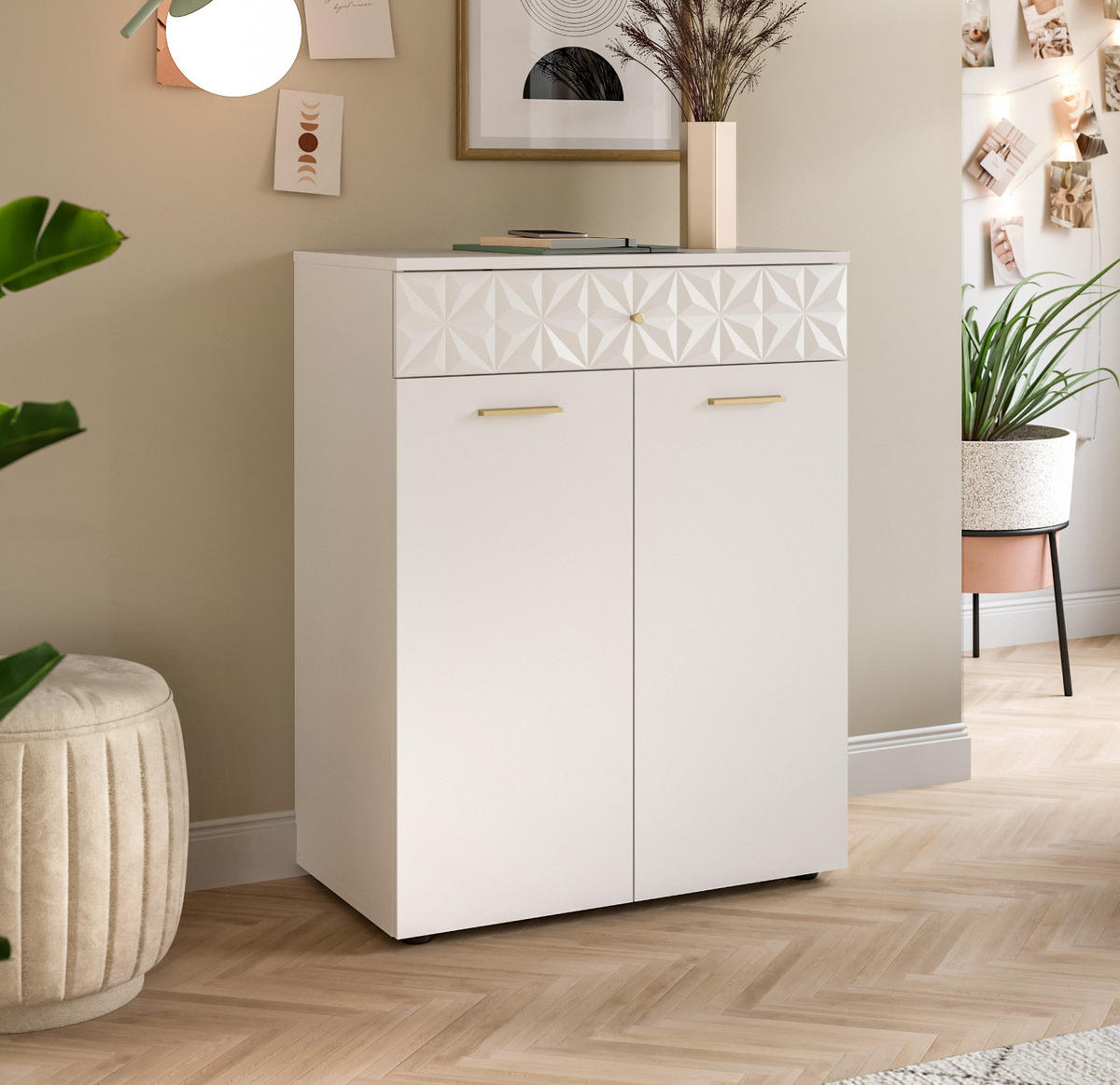 KOMMODE weiß Hochglanz 70 cm, Sideboard mit 3D-Struktur - Weiß Hochglanz/Goldfarben, Holzwerkstoff/Kunststoff (70/92/40cm) - Inn.Furn