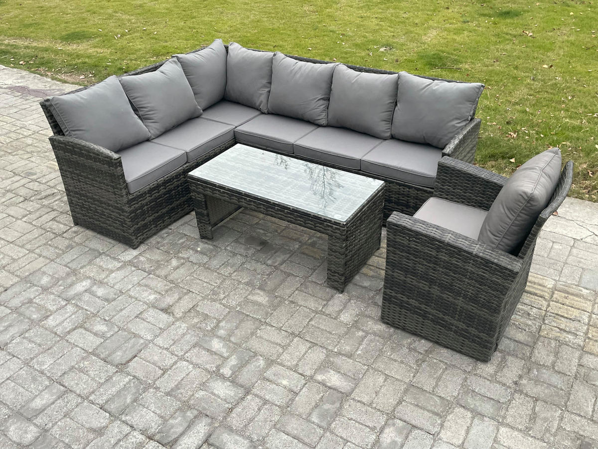 SITZGRUPPE mit Ecksofa,Länglicher Couchtisch,Sessel Polyrattan 7-Sitzer - Dunkelgrau/Grau, Glas/Kunststoff - Fimous