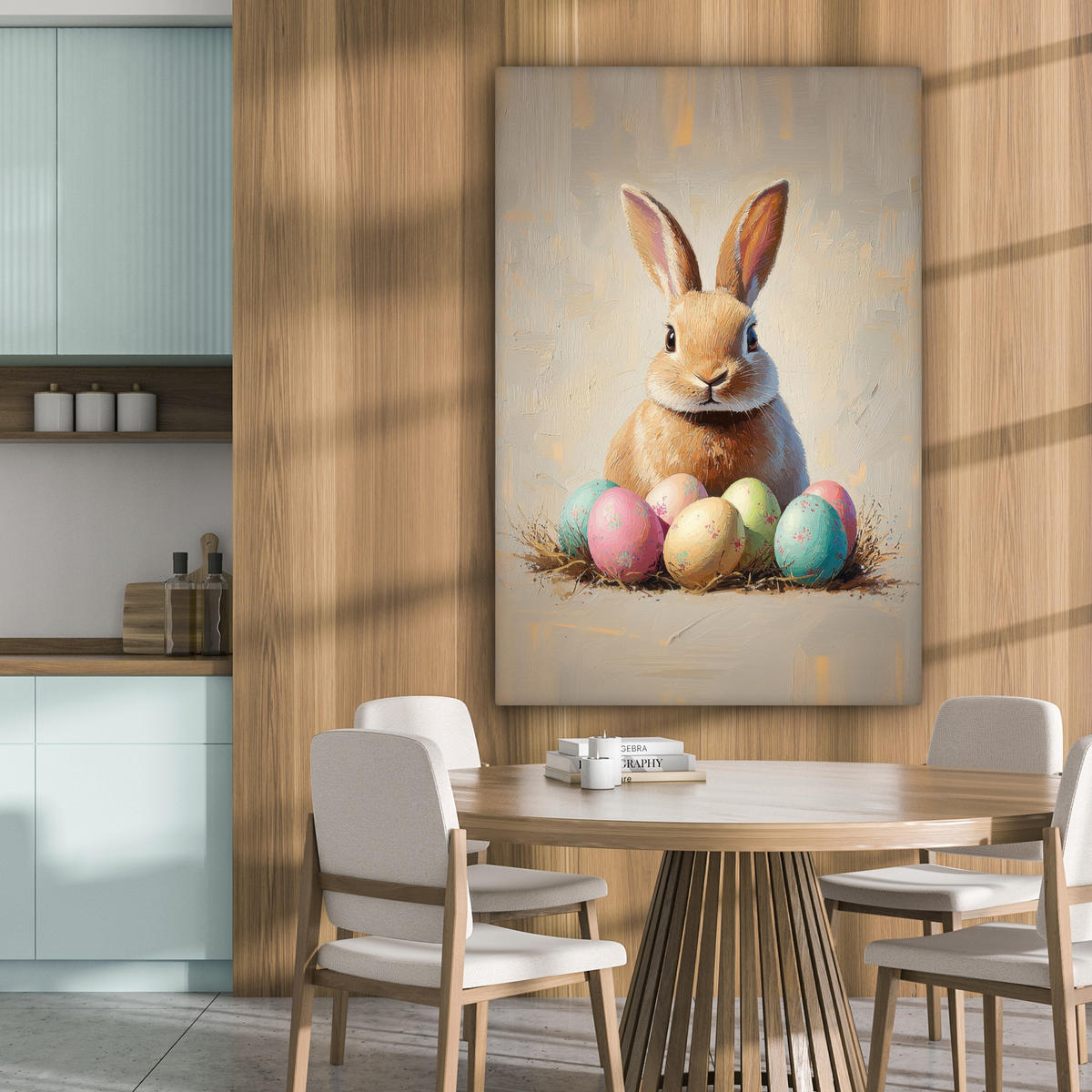 LEINWANDBILD Osterhase - Pastell - Eier Deko Groß 90x140 cm - Beige, Textil (90/140cm) - MuchoWow
