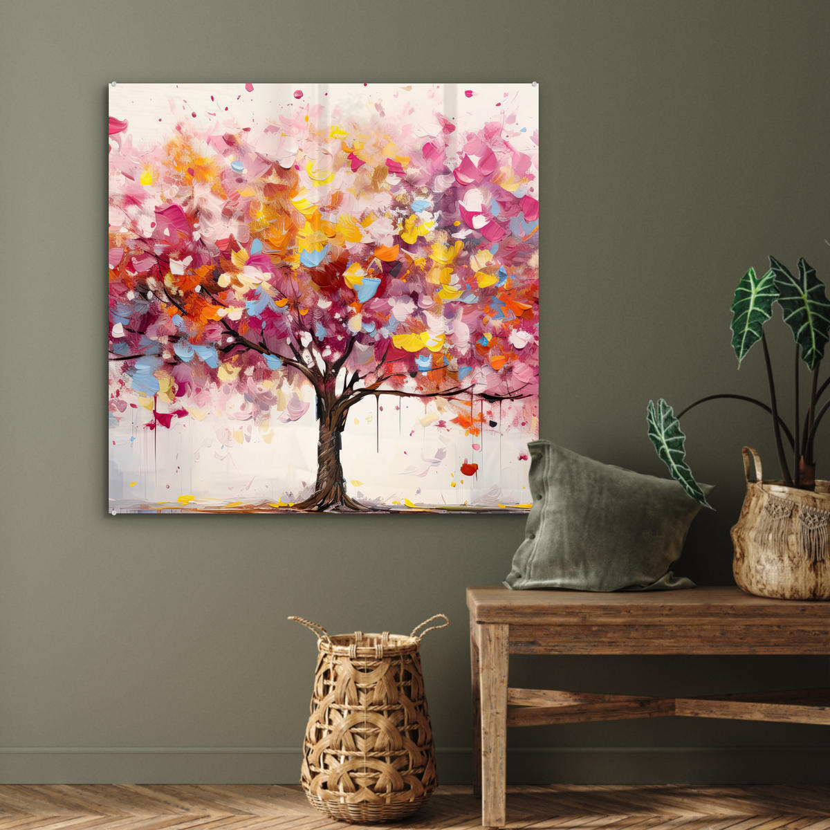 ACRYLGLASBILD Aquarell - Baum - Kunst - Abstrakt 90x90 cm - Multicolor, Glas (90/90cm) - MuchoWow