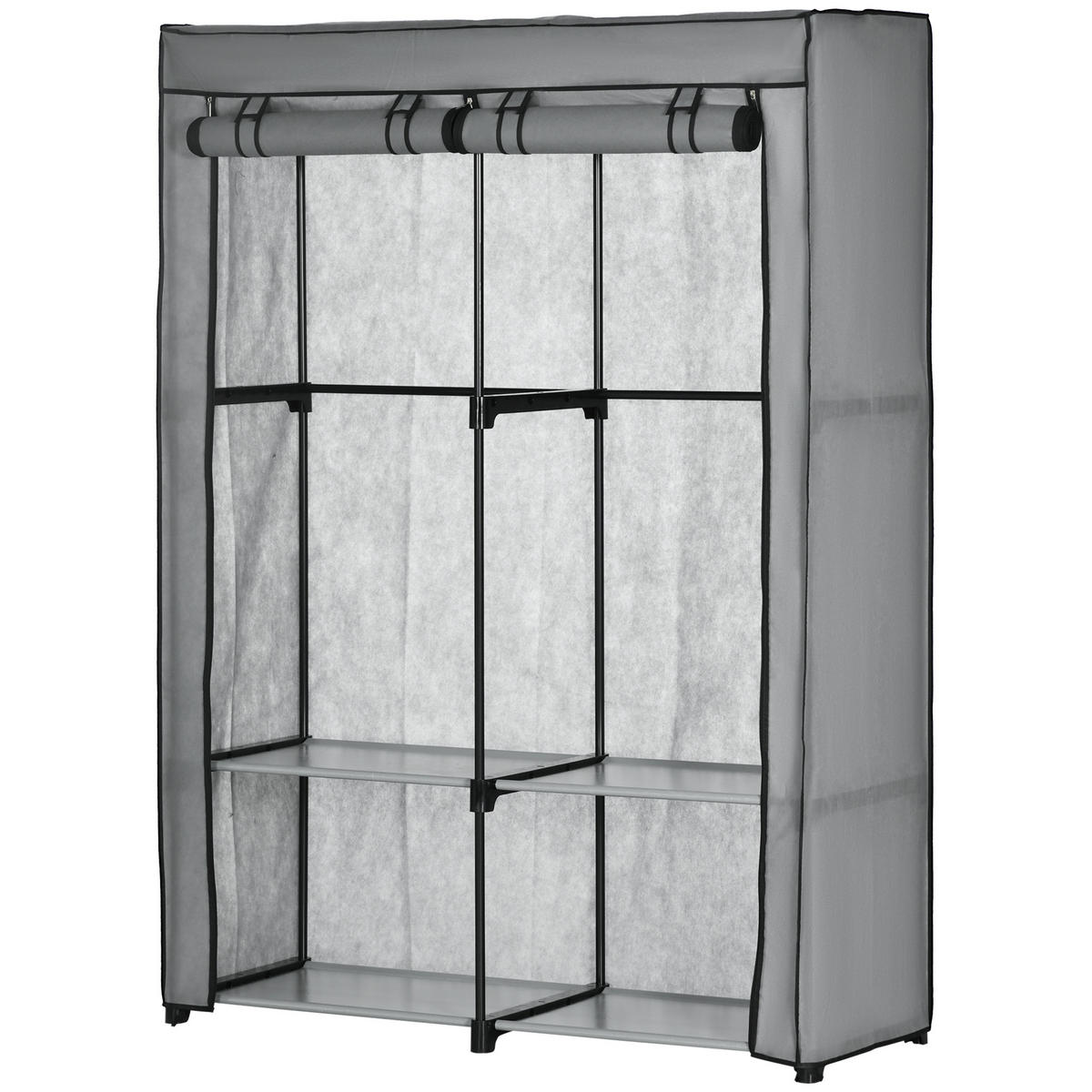 STOFFSCHRANK mit 4 Regalen und 2 Kleiderstangen, praktische Aufbewahrungslösung für Kleidung, Grau - Hellgrau, Metall (118/170/49cm)