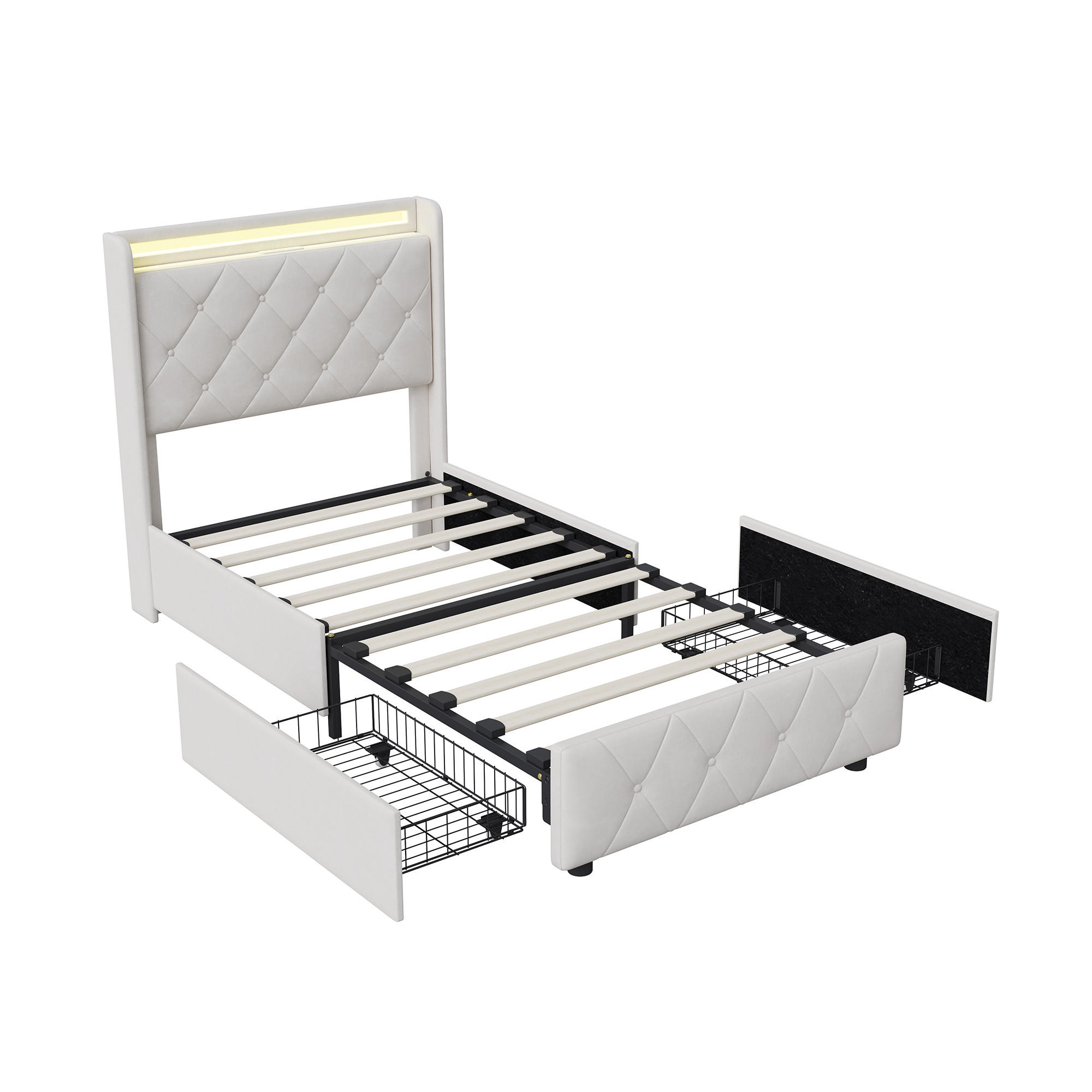 POLSTERBETT 90x200 cm, Zwei Schubladen mit Rollen, RGB LED, USB-/Typ-C-Anschlüsse, Samtstoff, Beige - Beige, Holz (90/200cm) - BRILVERDE
