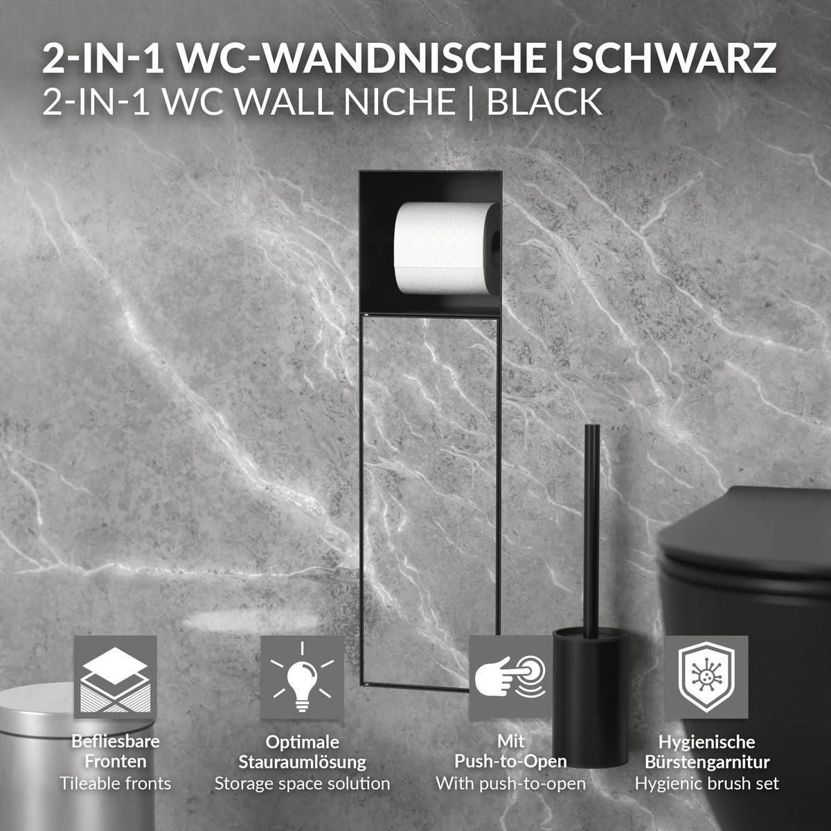 UNTERPUTZ-SCHRANKMODUL WC aus Edelstahl schwarz matt 60x20x14 cm - Schwarz, Metall (14/60/20cm) - LuxeBath
