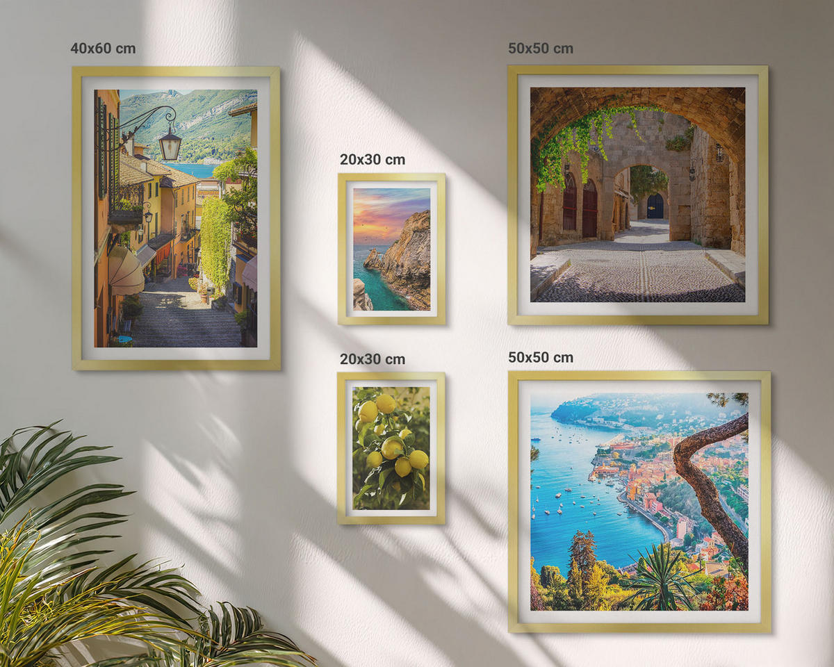 WANDBILDER 5er Set - 50x50 cm & 20x30 cm & 40x60 cm Goldrahmen - Bezaubernde Straßen voller Zitronenblüten - Goldfarben, Kunststoff (40/60cm) - ArtPrintCave