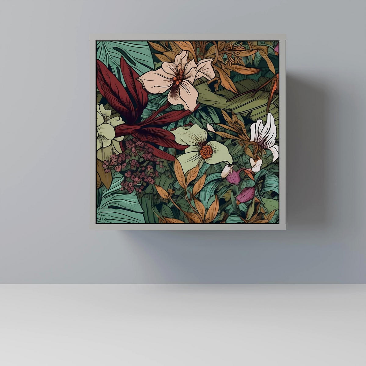 SIDEBOARD BOTANICAL EMERGENCE, Grau, 57,5x42x67,5 cm, Schwarze Metall-Rahmenfüße - Multicolor/Schwarz, Holzwerkstoff/Metall (57.5/67.5/42cm) - SpaceRebels