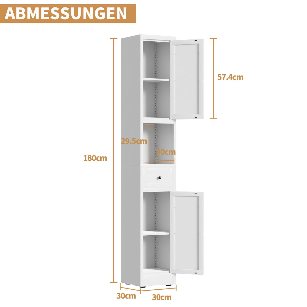 BADEZIMMERSCHRANK Weiß Hochschrank 5 Ebenen 2 Türen - Weiß, Holzwerkstoff (30/180/30cm) - Urban Meuble