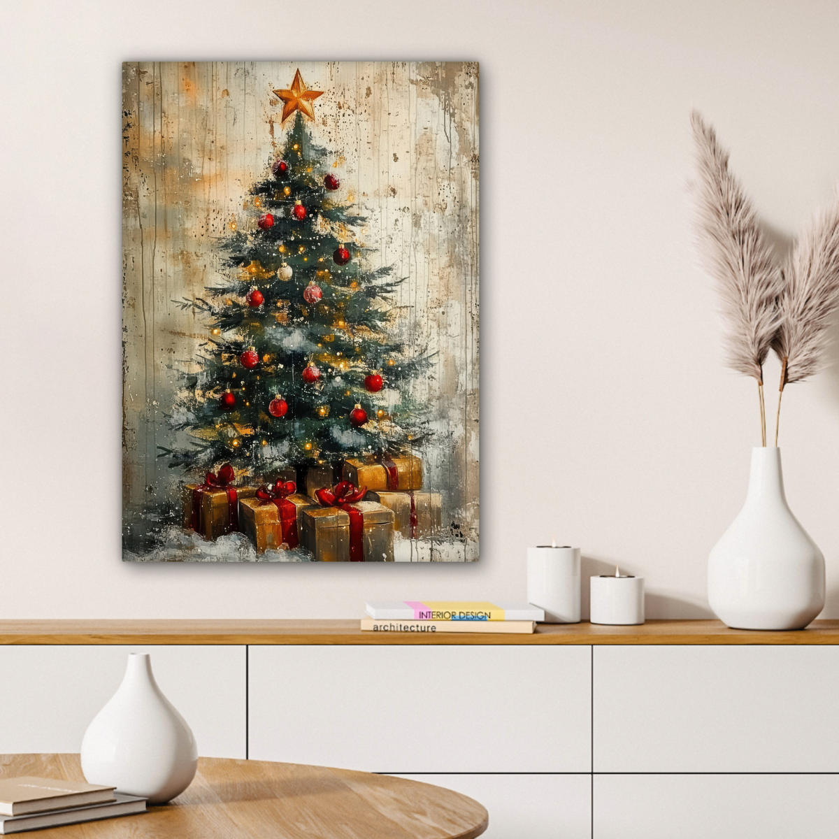 LEINWANDBILD Weihnachtsbaum - Vintage - Weihnachten - Geschenk 60x80 cm - Rostfarben, Textil (60/80cm) - MuchoWow