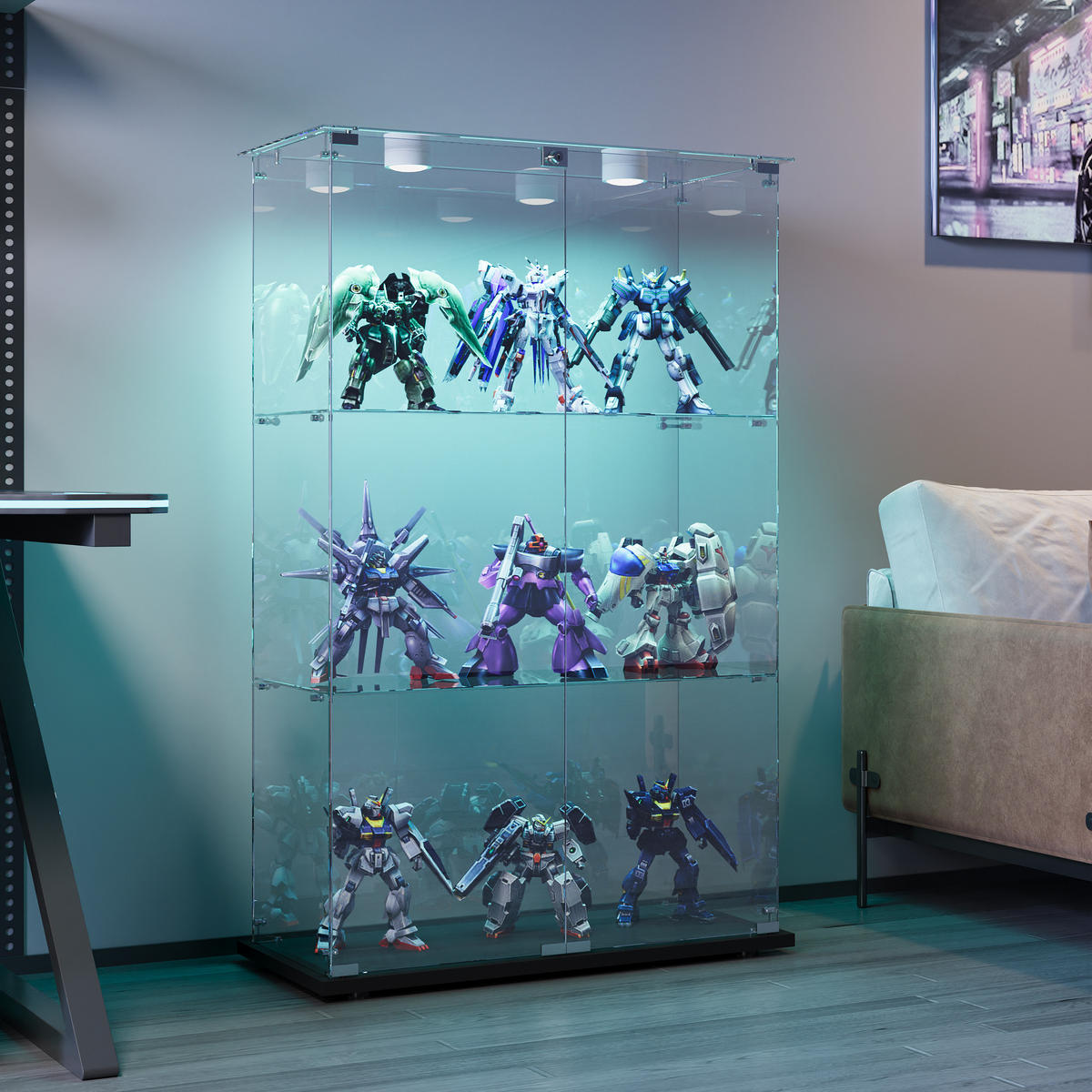 GLASVITRINE, stehend mit 3 Einlegeböden, Touch-LED, Doppeltür mit Schloss, Schwarz - Schwarz, Glas (78.5/123.3/35cm) - BRILVERDE