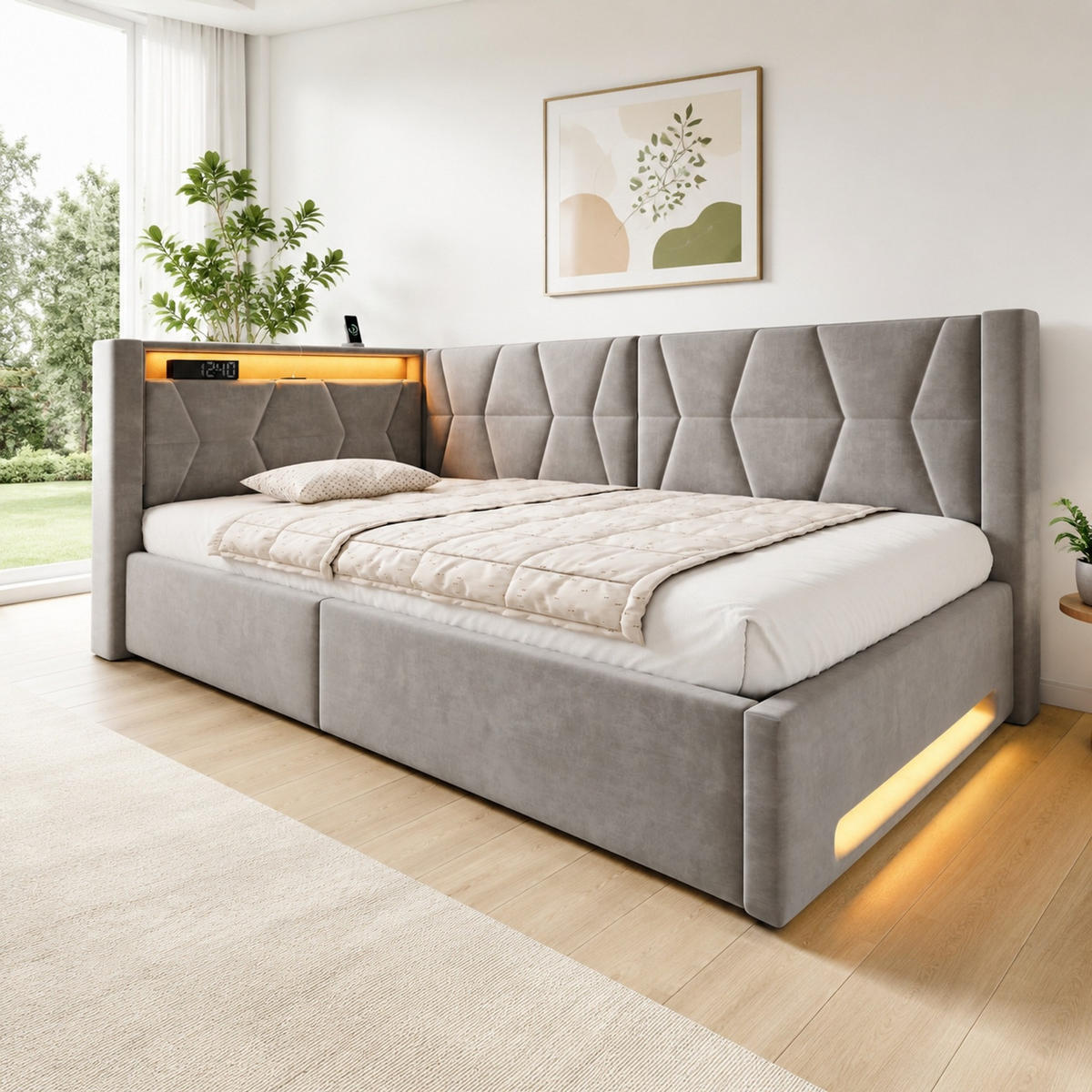 POLSTERBETT 140/200 mit Bettkasten, LED-Beleuchtung an Kopf- und Fußteil sowie USB und Type-C in Grau - Grau, Holzwerkstoff/Textil (140/200cm) - EVRYAE