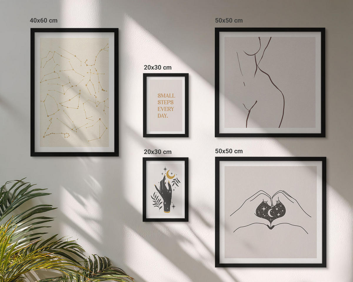 BILDER SET 5er Set - 50x50 cm & 20x30 cm & 40x60 cm Schwarzer Rahmen - Minimalistische Boho-Illustrationen - Schwarz, Kunststoff (40/60cm) - TULUP