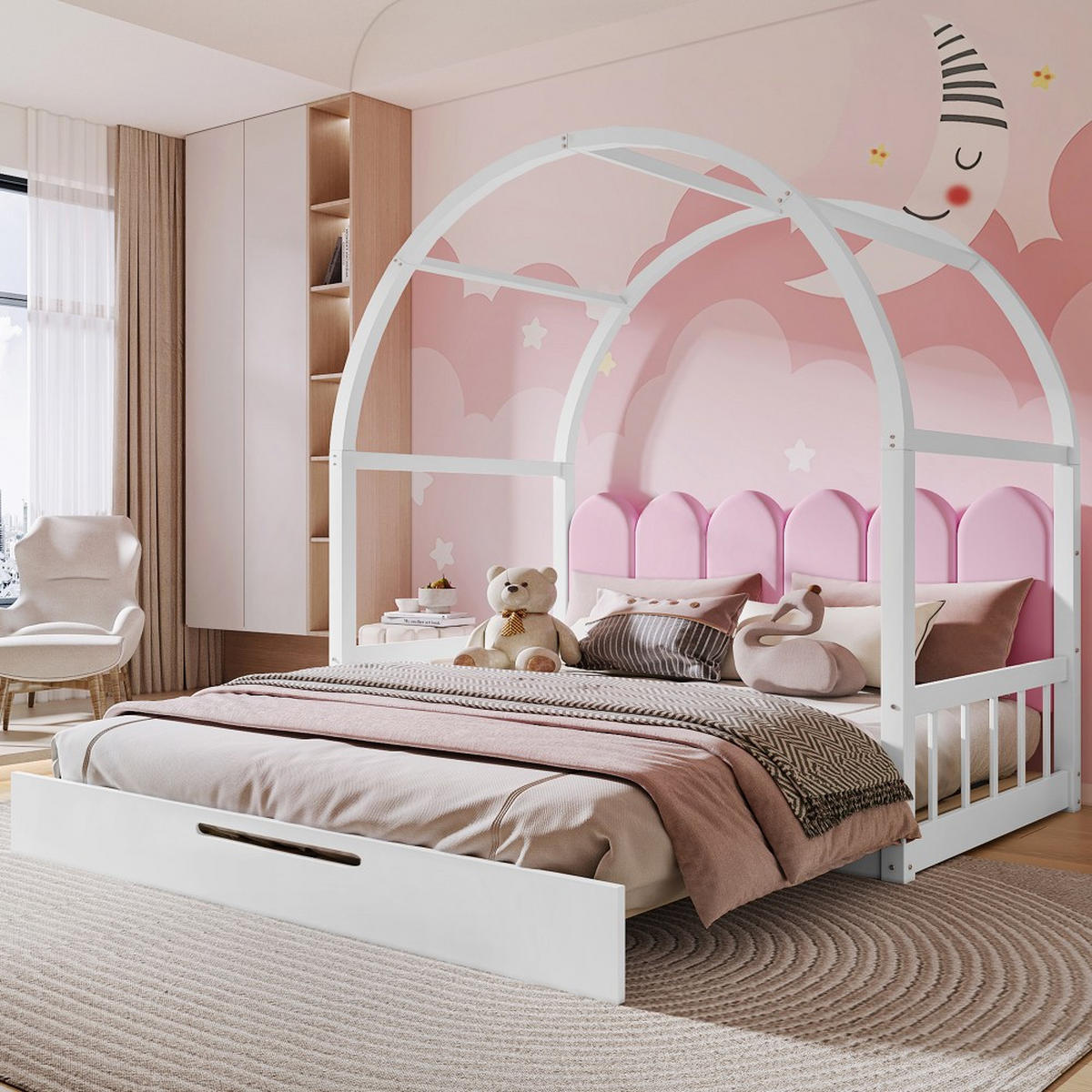 KINDERBETT(140X100CM&140X200CM) in Weiß mit Samtkissen - Weiß, Holz (140/200cm) - KOMHTOM