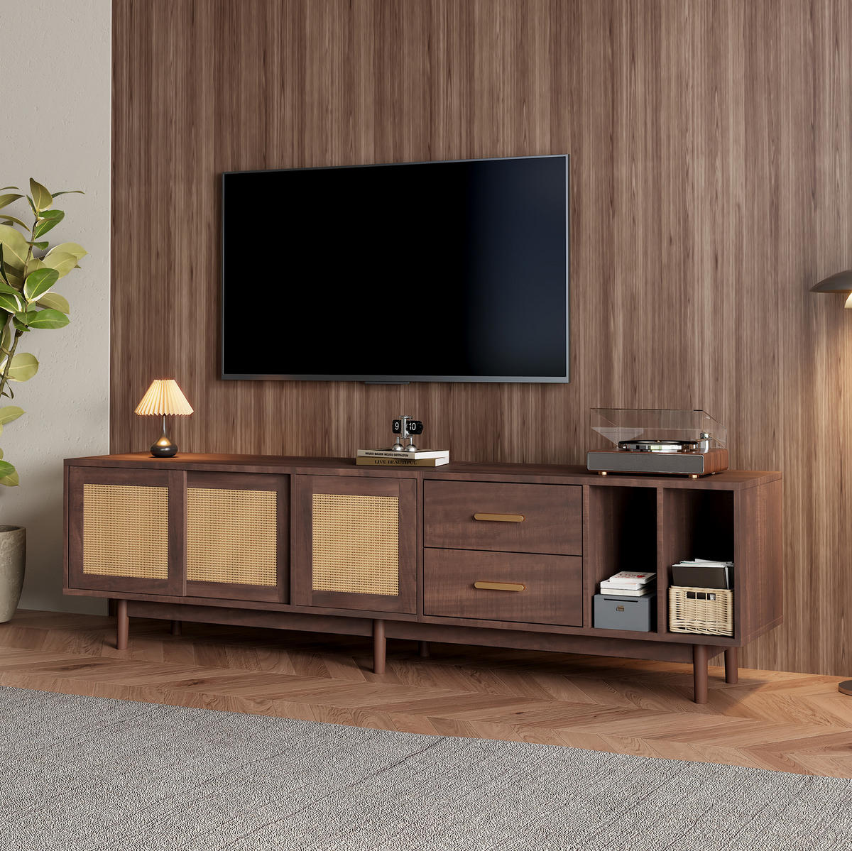 TV ormarić 190/40/52 cm smeđi od MDF-a s vratima od ratana i 2 ladice - smeđa, drvni materijal (190/52/40cm) - OKWISH