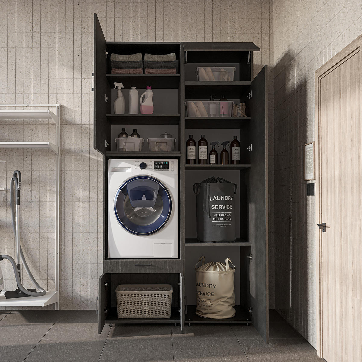WASCHMASCHINENSCHRANK Serie 3 127cm Breit, 240cm Hoch - Schwarz, Holzwerkstoff (127/240/67cm)