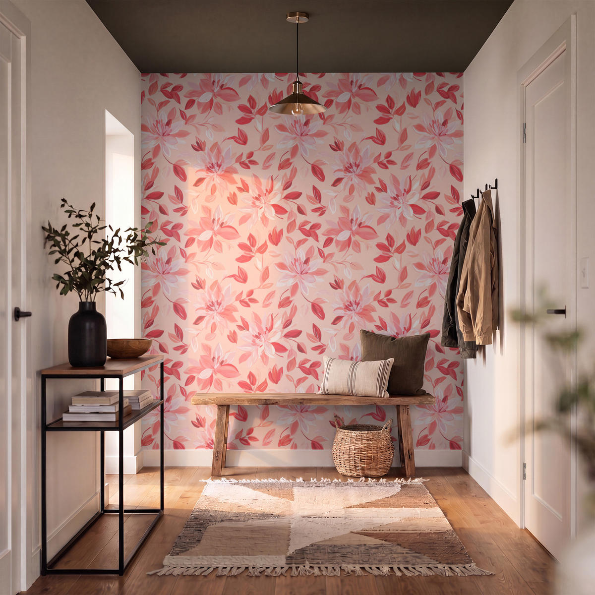 TAPETE - Botanisch - Blumen - Rot - 180x200 cm - Koralle, Papier (180/200cm) - OnlyWow