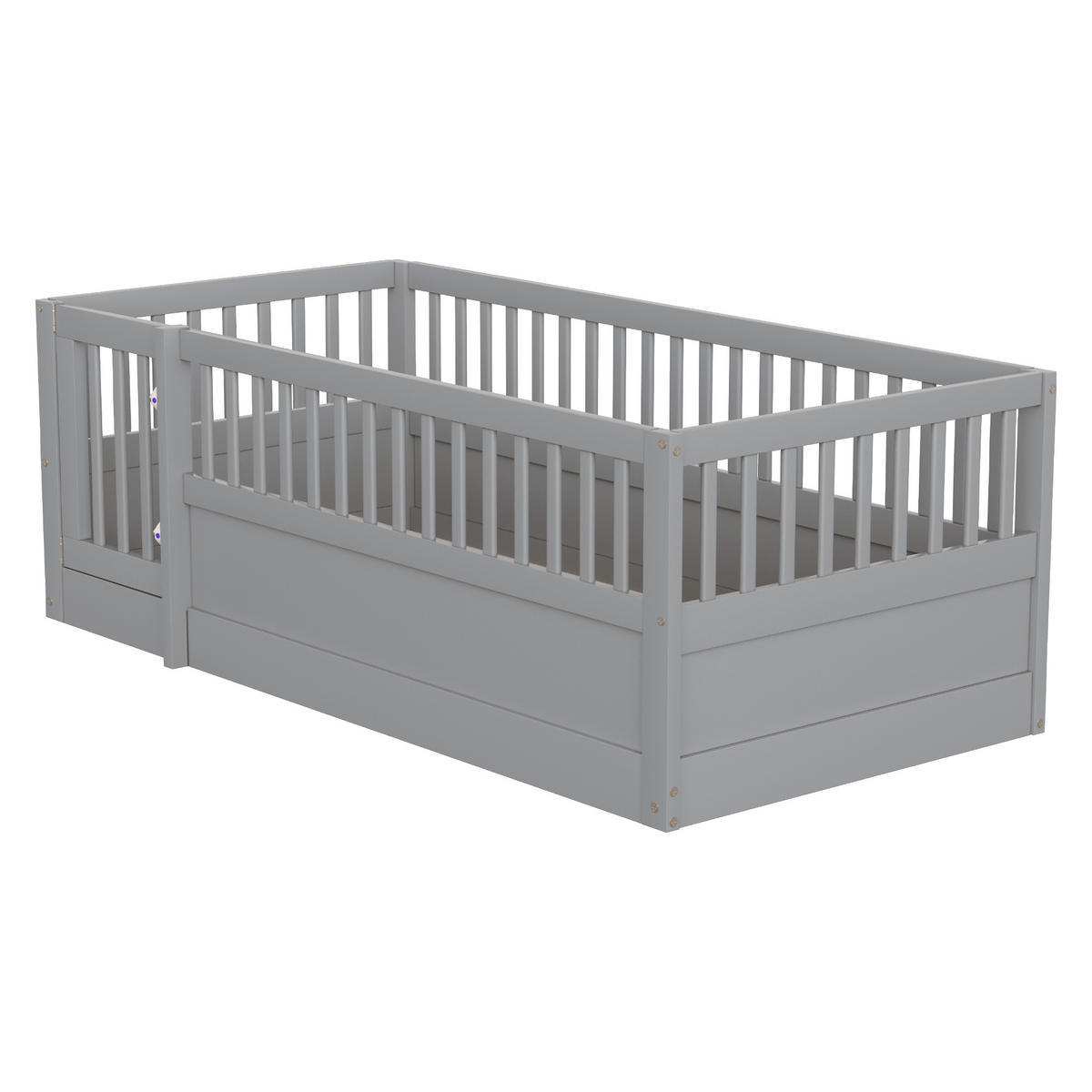 KINDEREINZELBETTEN aus Massivholz 90x200 cm in Grau mit Zaun & Tür - Grau, Holz (90/200cm) - Modfu