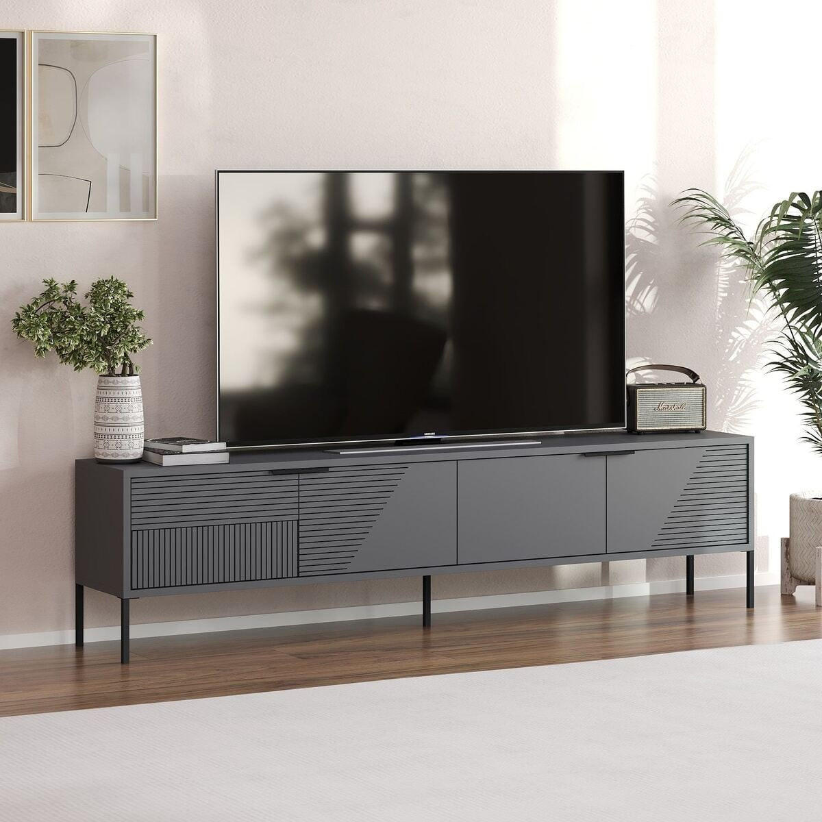 TV-MÖBEL auf Füßen mit 2 klappbaren, gerippten Türen 30/180/45 cm - Anthrazit, Holzwerkstoff (30/45/180cm) - Calicosy