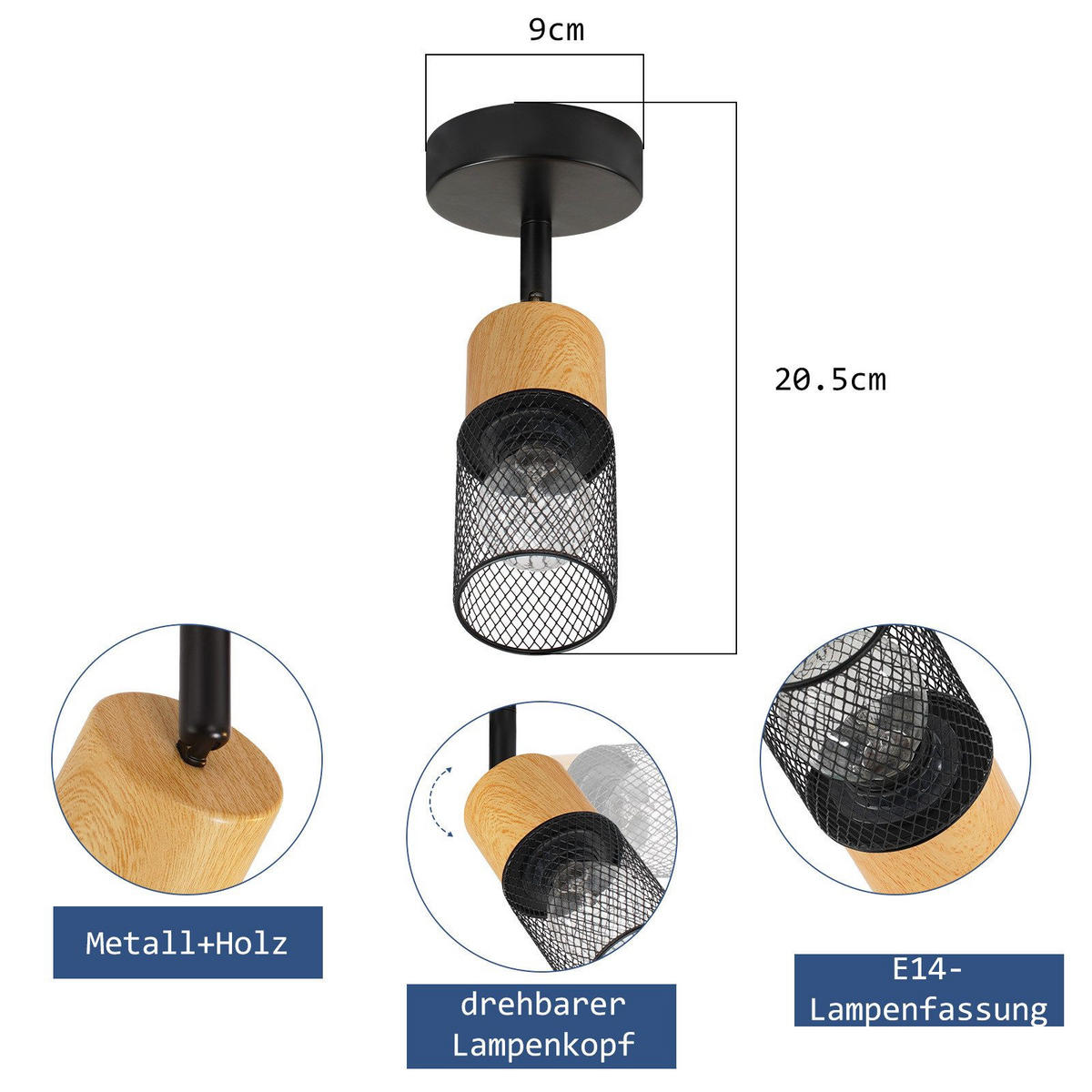 DECKENSTRAHLER Helliga 20/21/9 cm - Schwarz, Metall (9/20/21cm) - ZMH