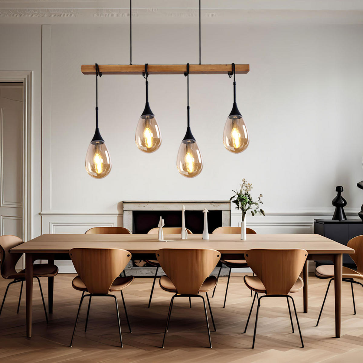 HÄNGELEUCHTE Holzoptik Schwarz 4-Flammig - Schwarz, Holz (92/12/120cm) - Globo Lighting