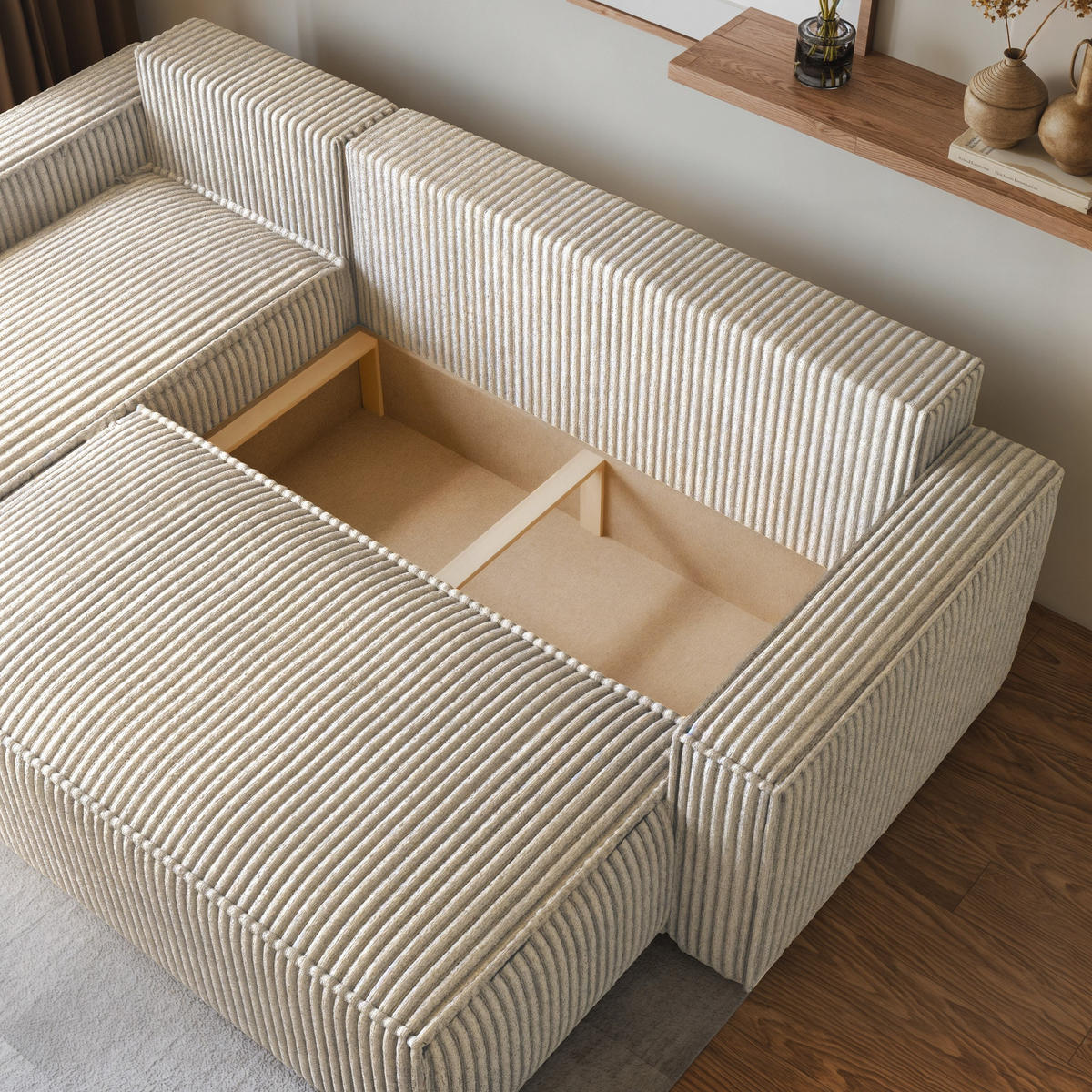 ECKSOFA RAVELO T Creme Kordstoff mit Schlaffunktion - Creme, Holz (240/140cm) - MASSENO