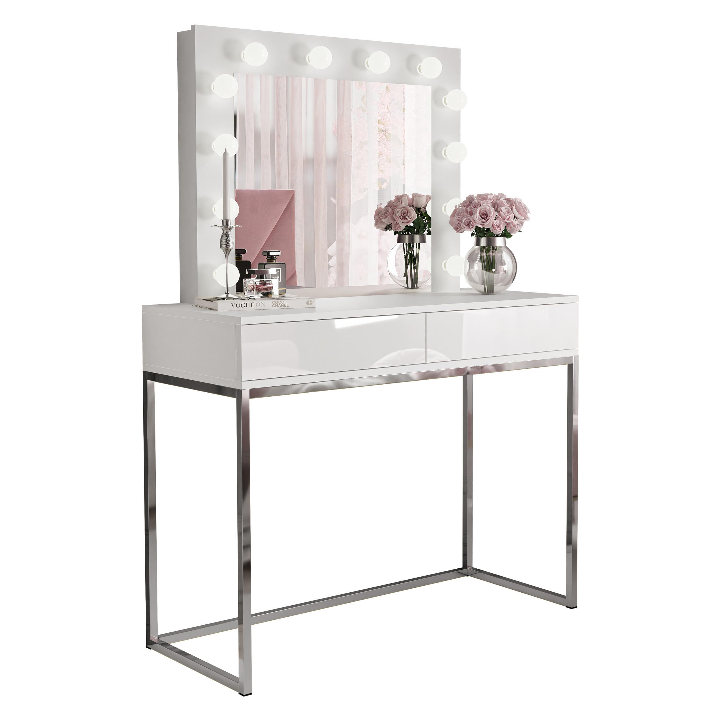 SCHMINKTISCH BLANCO GLAMOUR mit Spiegel und Beleuchtung Weiß Hochglanz PUSH OPEN - Weiß Hochglanz/Silberfarben, Holzwerkstoff (100/146/42cm) - Lookway