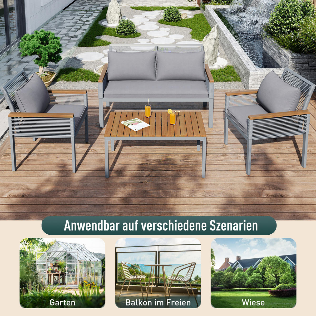 LOUNGESET Grau Rattan Doppelsofa 2 Sessel Tisch - Grau, Metall - FLIEKS