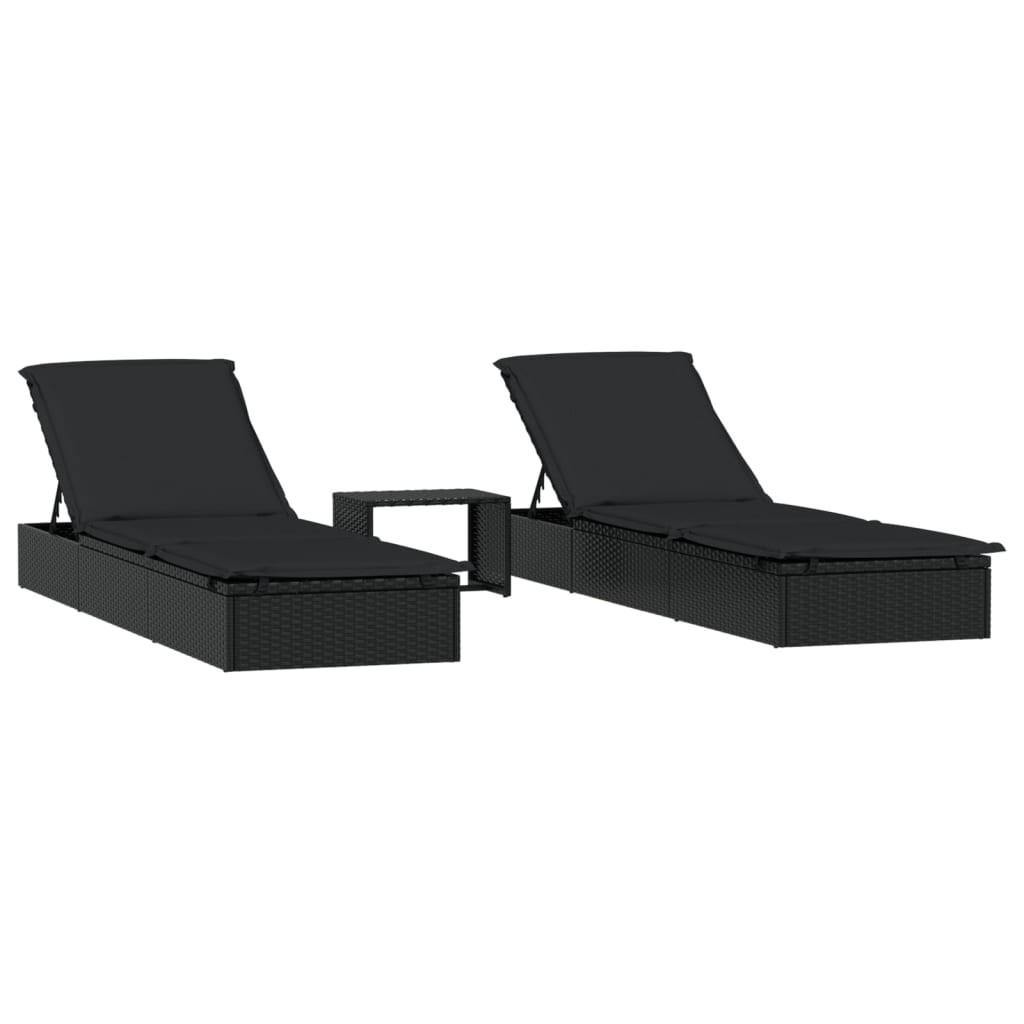 SONNENLIEGEN 2 Stk. Mit Tisch Schwarz Poly Rattan - Schwarz, Kunststoff (55/62/201cm) - vidaXL