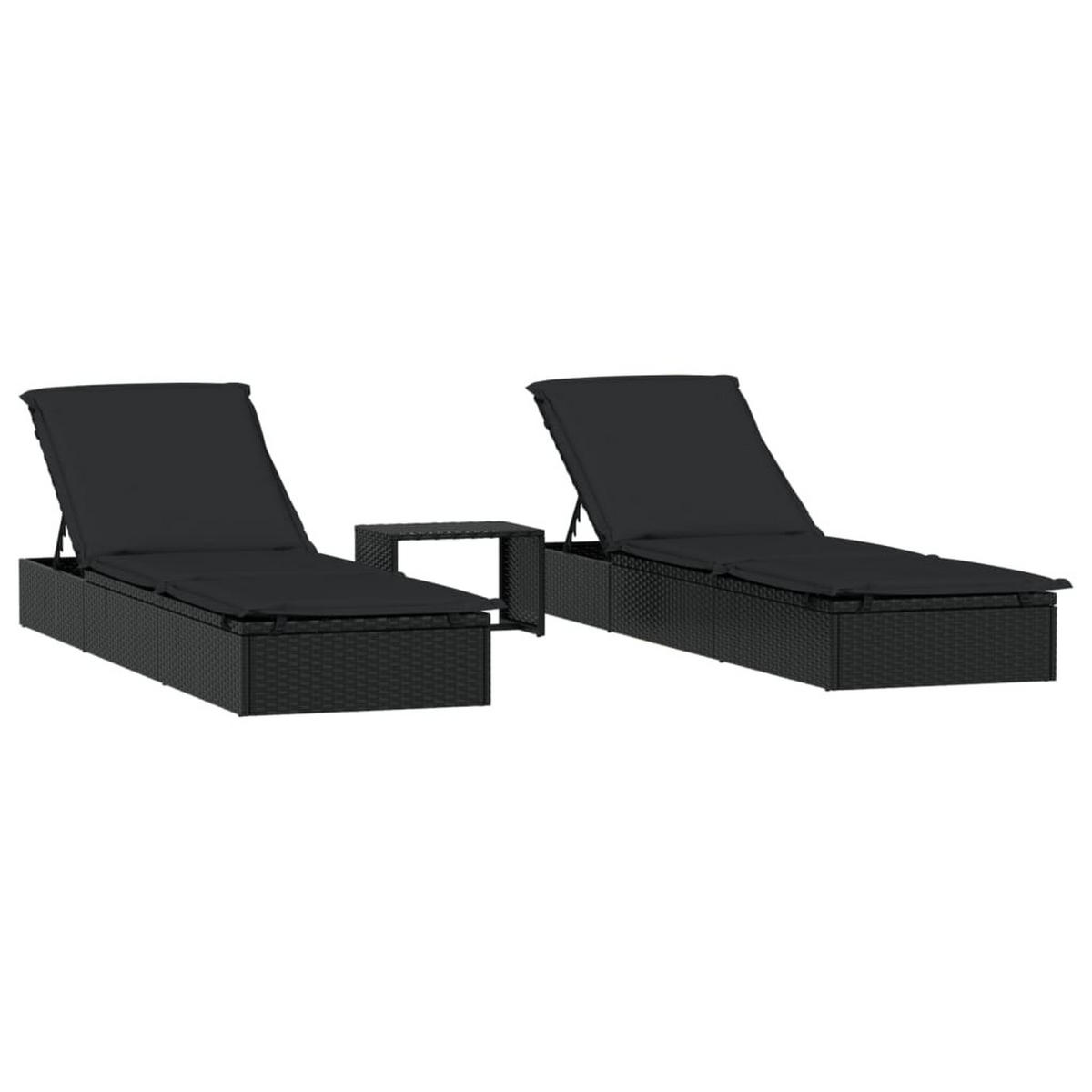 SONNENLIEGEN 2 Stk. Mit Tisch Schwarz Poly Rattan - Schwarz, Kunststoff (55/62/201cm) - vidaXL
